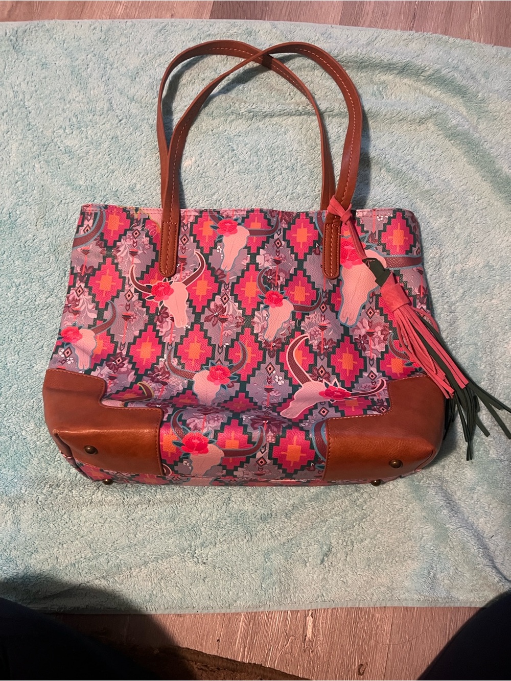 Pink Patterned Tote with Brown Leather Trim and Tassel
